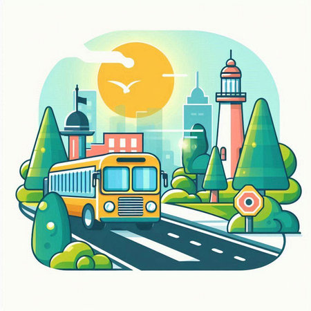School bus and school building on the background of the city. Vector illustrationのイラスト素材