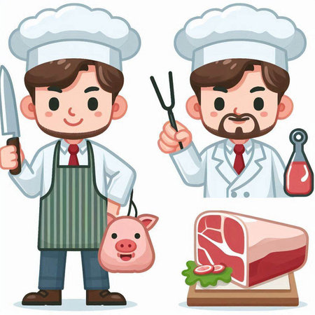 Set of cartoon chef and butcher. Vector illustration isolated on white background.のイラスト素材