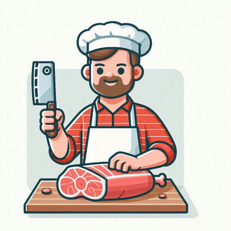 Chef with meat and knife. Vector illustration in cartoon style.のイラスト素材