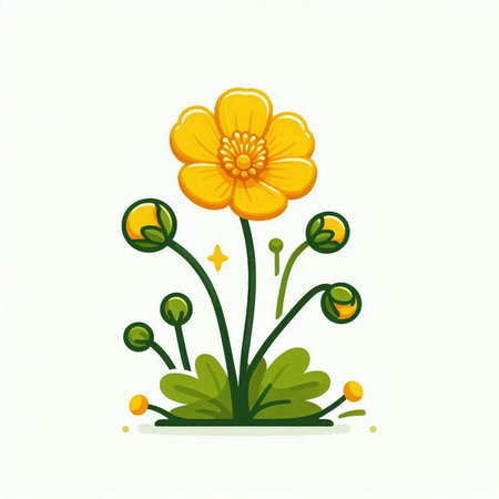 Cute yellow flower with green leaves on white background. Vector illustration.のイラスト素材