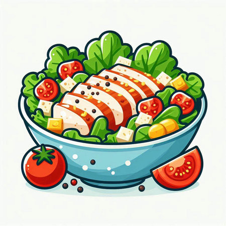 Salad with chicken and vegetables in a bowl. Vector illustration.のイラスト素材