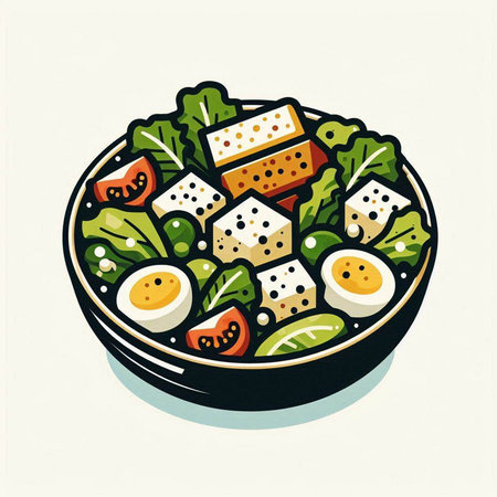 Illustration of a salad bowl with tofu and vegetables. Vector illustration.のイラスト素材