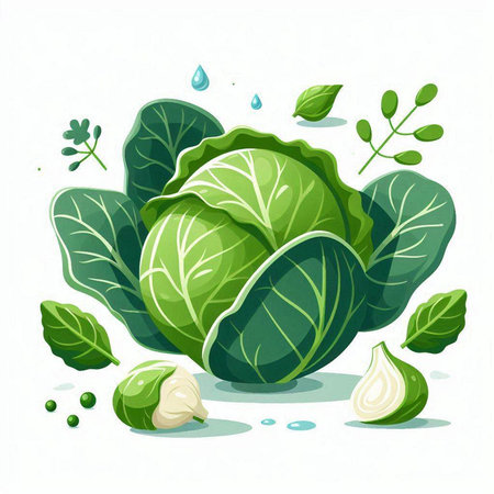 Fresh green cabbage with leaves, water drops and garlic. Vector illustration.のイラスト素材