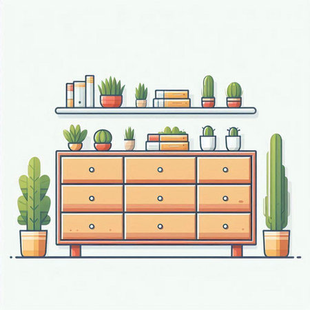 Illustration of a shelf with books and cacti in potsのイラスト素材