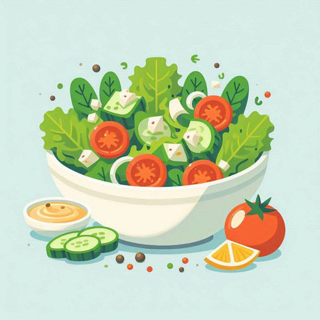 Salad in a bowl. Vector illustration of a salad in a bowl.のイラスト素材
