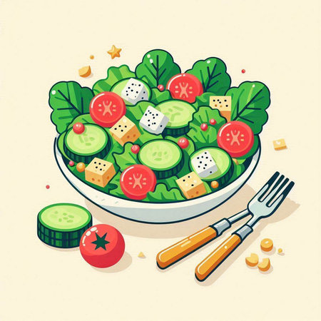 Salad with tofu, cucumber, tomato and cheese. Vector illustration.のイラスト素材