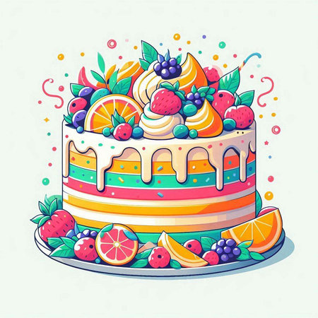 Birthday cake with fruits and berries, vector illustration in cartoon styleのイラスト素材