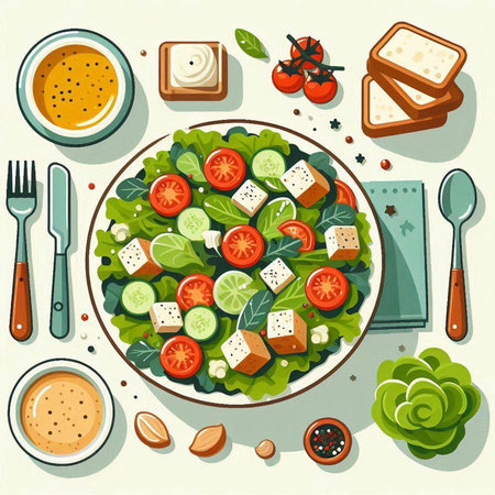 Healthy vegetable salad with feta cheese, tomatoes, cucumbers, lettuce, olives and mayonnaise. Vector illustrationのイラスト素材