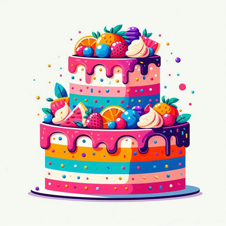 Birthday cake with cream and fruits. Vector illustration in a flat style.のイラスト素材