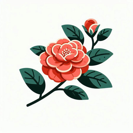 Hand drawn vector illustration of a red rose and green leaves isolated on white background.のイラスト素材