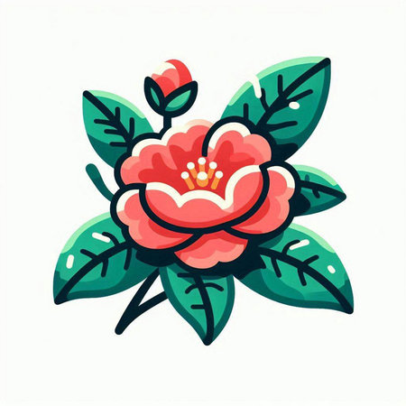 Camellia flower with leaves on white background. Vector illustration.のイラスト素材