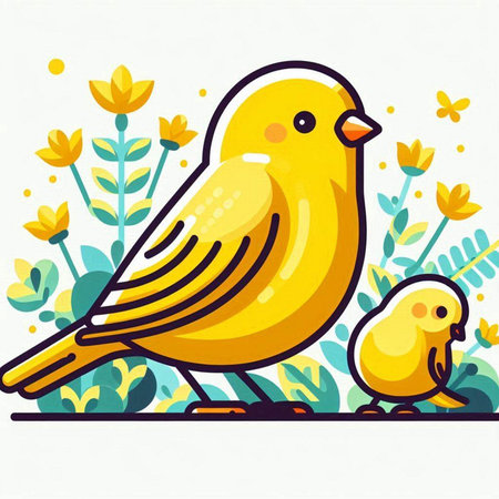 Cute yellow bird with yellow chick and flowers. Vector illustration.のイラスト素材
