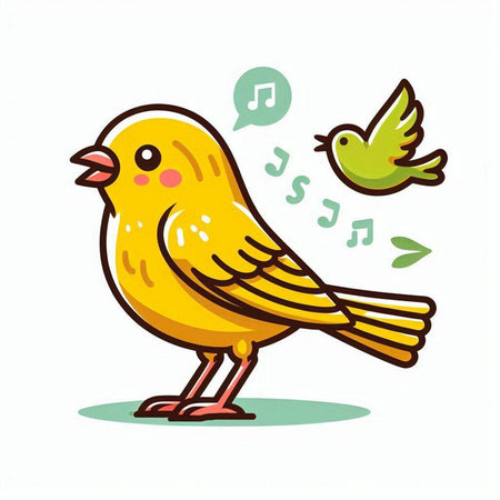 Cute yellow bird with music note and bird, vector illustration.のイラスト素材