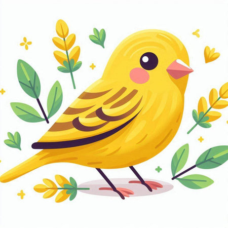 Cute yellow bird on a branch with leaves. Vector illustration.のイラスト素材