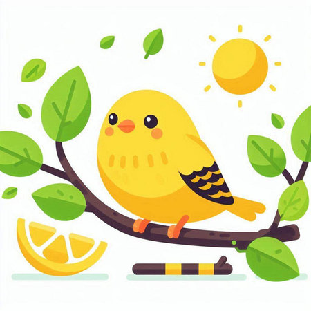 Cute yellow bird sitting on a tree branch with lemon. Vector illustrationのイラスト素材