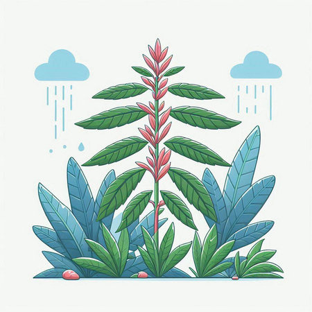 Beautiful vector illustration of a tropical plant with green leaves and rain dropsのイラスト素材