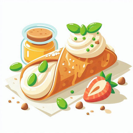 Piece of cake with cream, nuts and honey. Vector illustration.のイラスト素材
