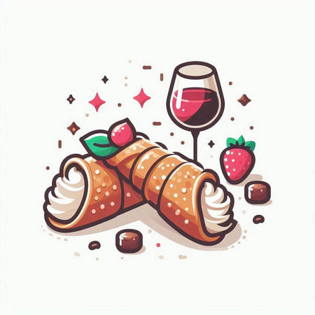 Strawberry roll with cream and red wine. Vector illustration.のイラスト素材