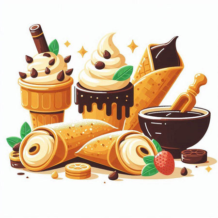 Vector illustration of a set of ice cream in the form of an ice cream cone, a cup of hot chocolate, a spoon with cream, a bowl with ice cream, pieces of chocolate, a piece of chocolate, a cup of coffee, a spoon with creamのイラスト素材