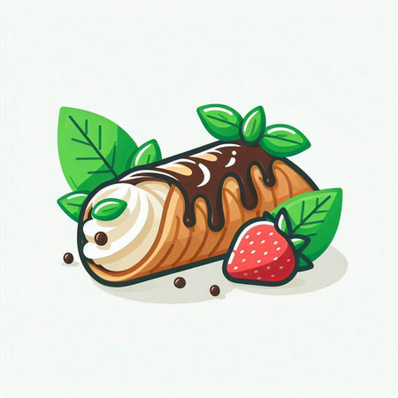 Illustration of a chocolate ice cream with strawberries and mint leaves.のイラスト素材