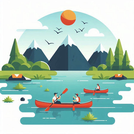 Kayaking on the lake. Canoeing on the lake. Vector illustrationのイラスト素材
