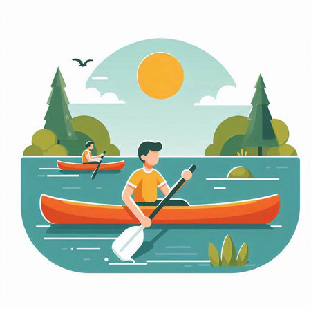 Man in a kayak on the lake. Flat design vector illustration.のイラスト素材