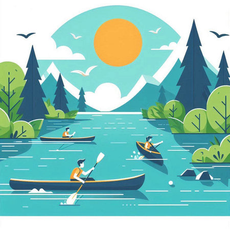 Kayaking on the river in the forest. Flat style vector illustration.のイラスト素材