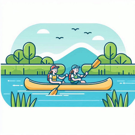 couple kayaking on the river, flat design, vector illustrationのイラスト素材