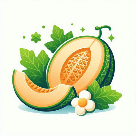 Melon slice with leaves and flowers isolated on white background. Vector illustration.のイラスト素材