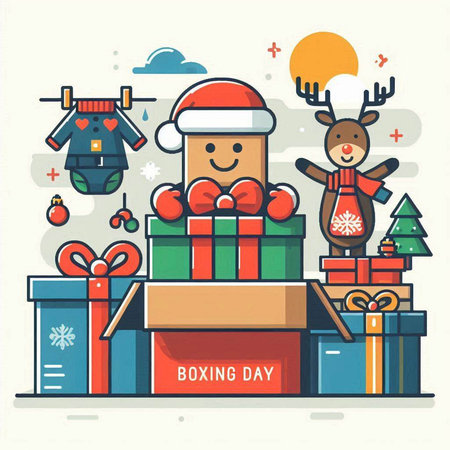 Vector illustration of Santa Claus, reindeer and gift box. Merry Christmas and Happy New Year.のイラスト素材