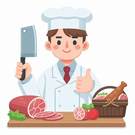 Chef with meat and vegetables on white background. Vector illustration.のイラスト素材