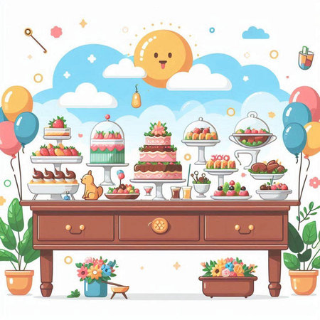 Candy bar with cake and cupcakes. Vector cartoon illustration.のイラスト素材