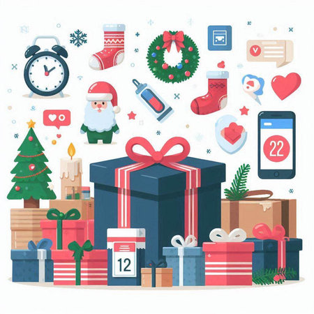 Christmas and New Year icons set. Santa Claus, gift box, Christmas tree, snowflakes, snowman, smartphone, watch, calendar.のイラスト素材