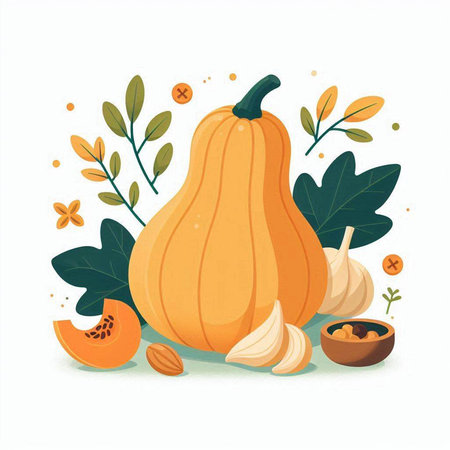 Pumpkin, garlic, pumpkin seeds and leaves. Vector illustration.のイラスト素材