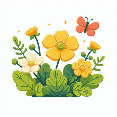 Flower with butterfly and butterfly. Vector illustration isolated on white background.のイラスト素材