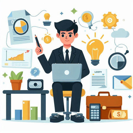 Businessman working on laptop in office. Flat style vector illustration.のイラスト素材