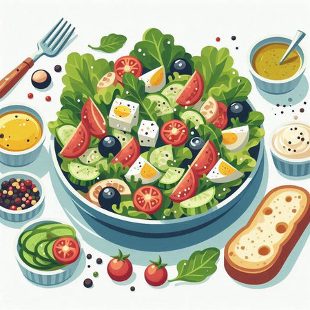 Greek salad with feta cheese, olives, tomatoes and cucumbers. Vector illustrationのイラスト素材