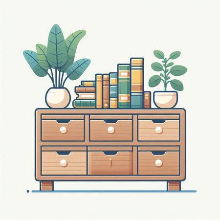 Wooden chest of drawers with books and plants. Vector illustration.のイラスト素材