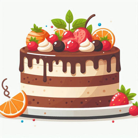 Chocolate cake with cream and berries on top. Vector illustration.のイラスト素材