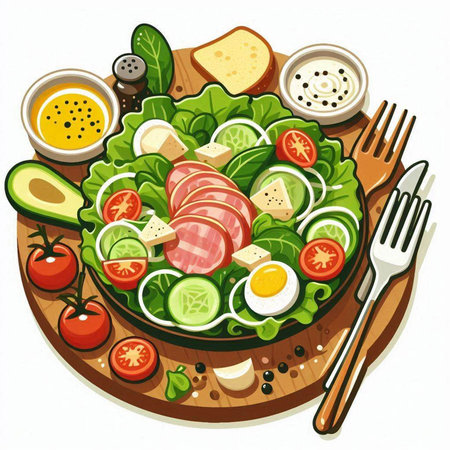Salad with ham, cheese, cucumber, tomato, lettuce, onion, black peppernnaise on wooden board.のイラスト素材