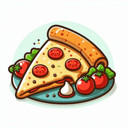 Pizza slice with tomato and cheese on plate. Vector illustration.のイラスト素材
