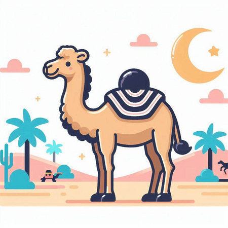 Camel in the desert. Vector illustration in flat cartoon style.のイラスト素材