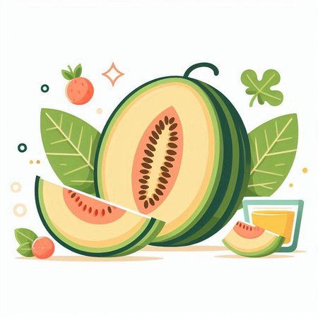 Melon with slices and a glass of juice. Vector illustration.のイラスト素材