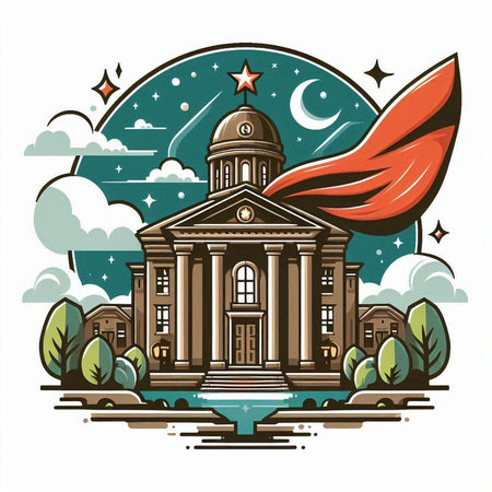 Vector illustration of a school building with a winged angel flying over it.のイラスト素材