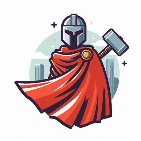 Medieval knight with sword and helmet. Vector illustration in flat styleのイラスト素材