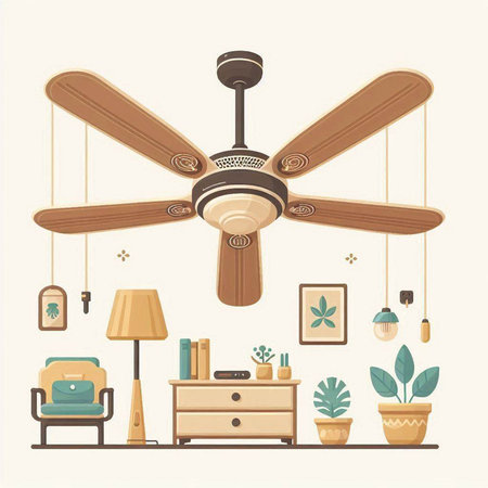 Ceiling fan in living room with furniture. Vector illustration.のイラスト素材