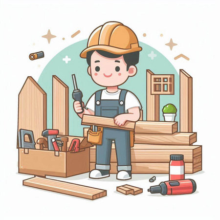 Carpenter working with tools. Vector illustration in cartoon style.のイラスト素材