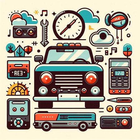 Retro car and transport icons set in flat line style. Vector illustrationのイラスト素材