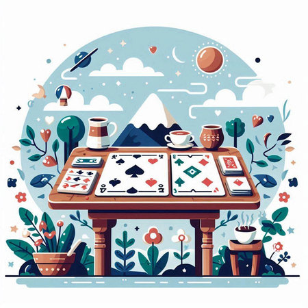 Vector hand drawn illustration of a table with cards, coffee cups, flowers and mountains.のイラスト素材