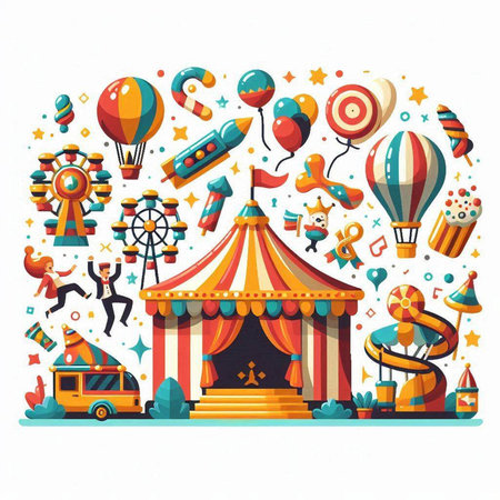 Circus vector illustration. Funny cartoon carnival elements and objects.のイラスト素材